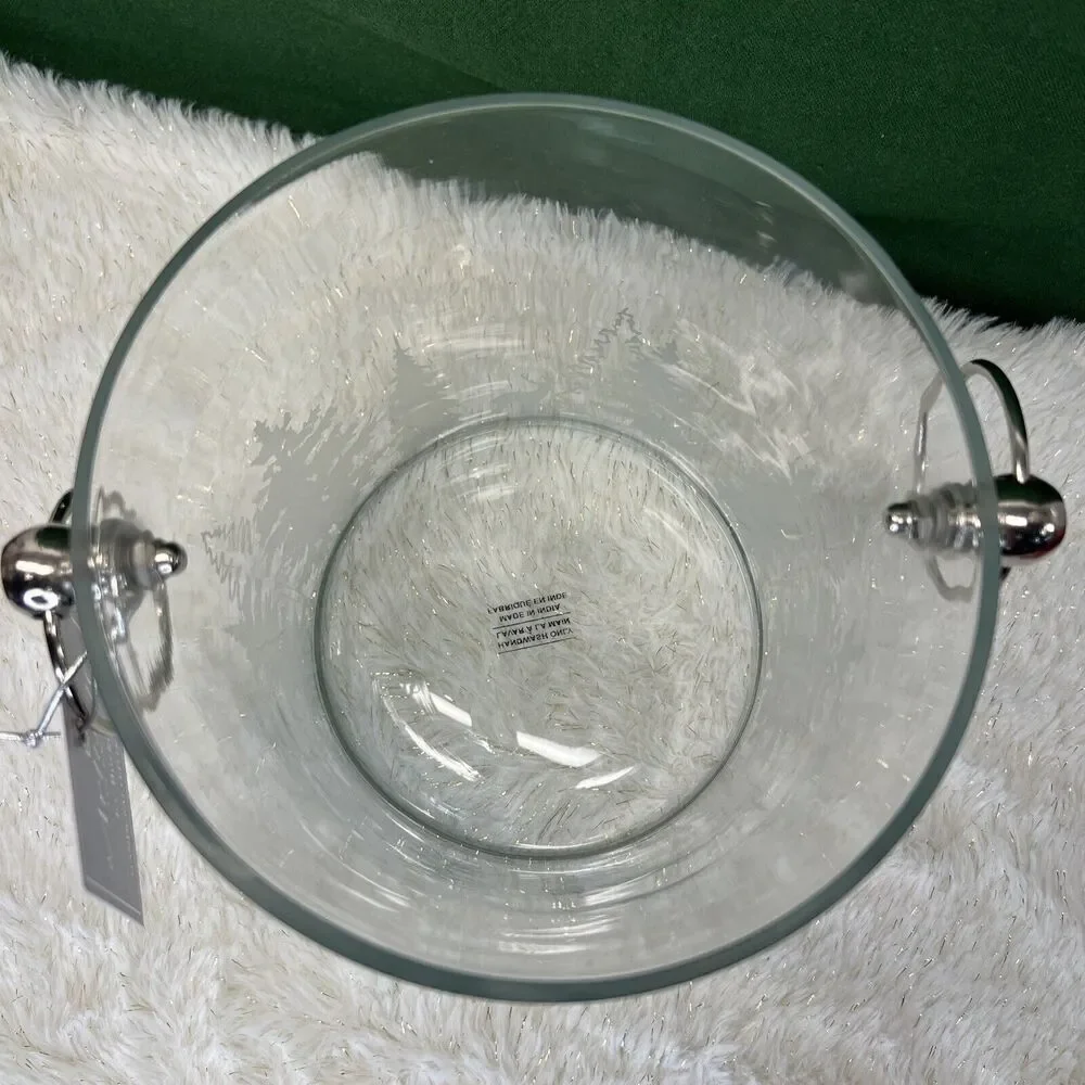 Ice Bucket Glass Etched Evergreen Trees‎ Christmas Trees Silver Handles 6” NEW